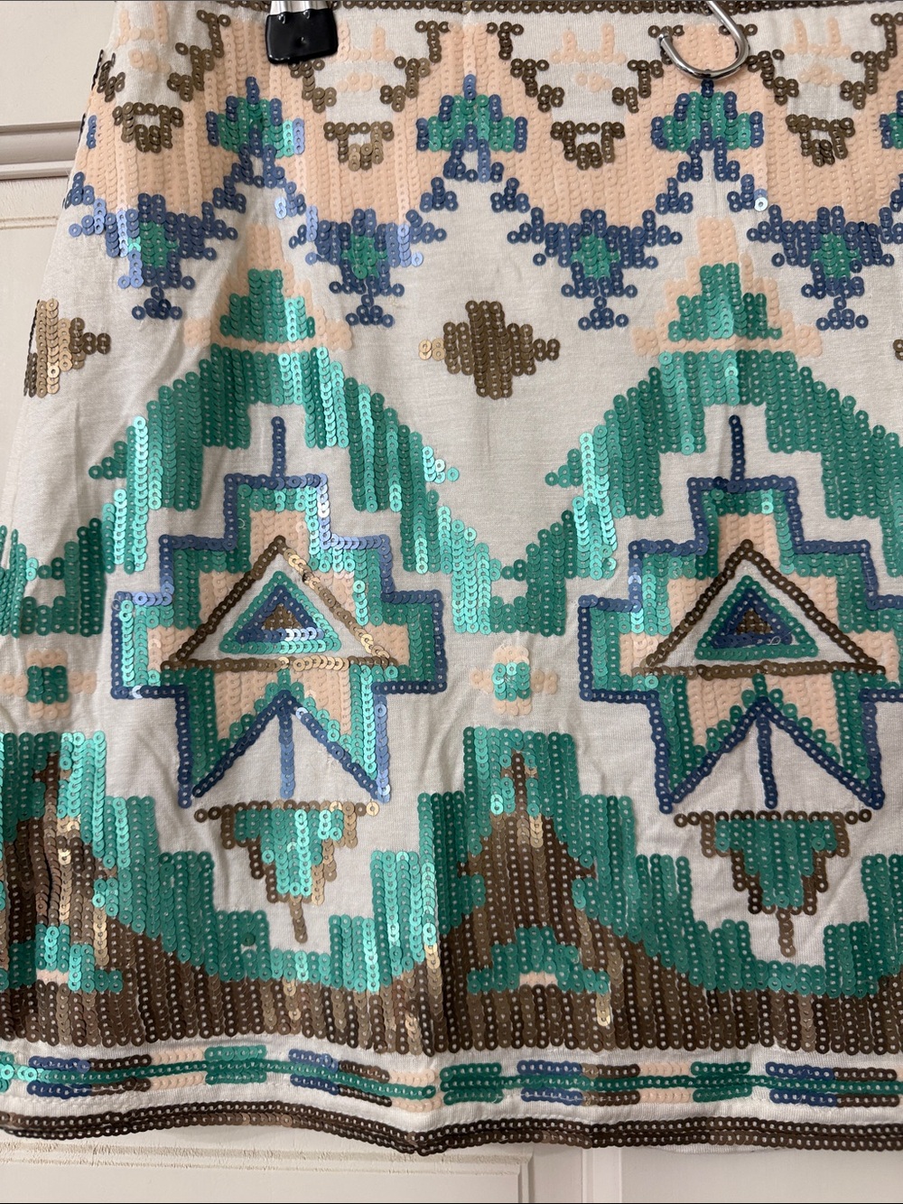 By Together White Sequin Mini Skirt with Teal, Aqua & Gold Embroidery - Picture 3 of 3